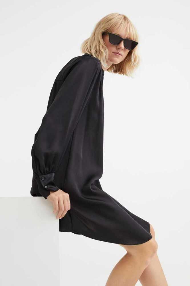 H&M Satin Tunic Kleider Damen Schwarz | 7638-ADIUY