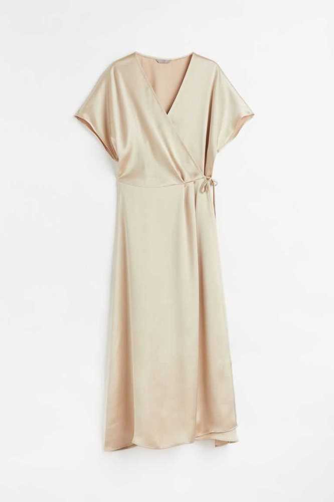 H&M Satin Wrap-front Kleider Damen Hellbeige | 0762-ZLDFH