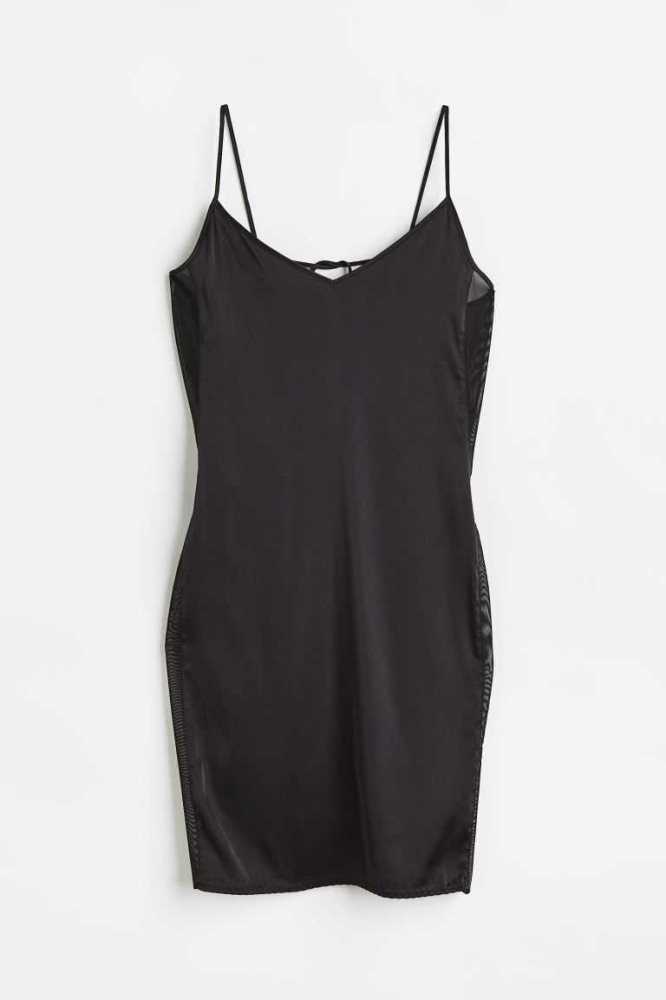 H&M Satin and Mesh Nightgown Nachtwäsche Damen Schwarz | 1782-VKYGR