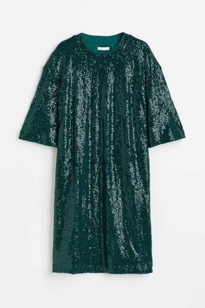 H&M Sequined Kleider Damen Dunkelgrün | 0748-NTOBG