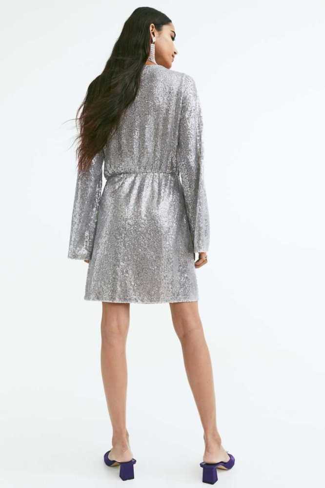 H&M Sequined Kleider Damen Silber | 6809-BLQXG