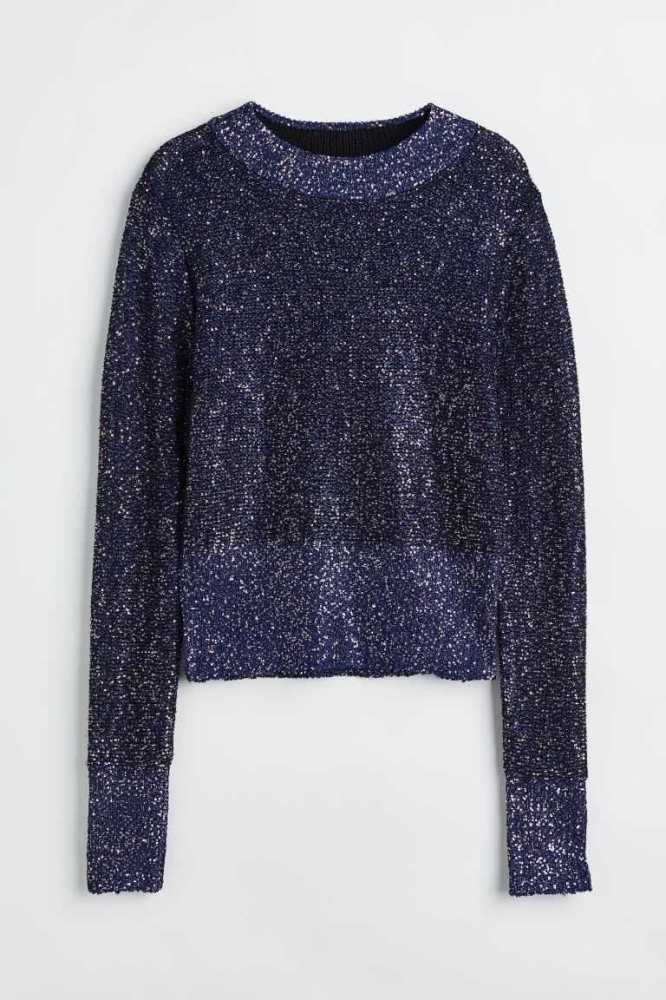 H&M Sequined Pullover Damen Dunkelblau | 1748-GUAEX