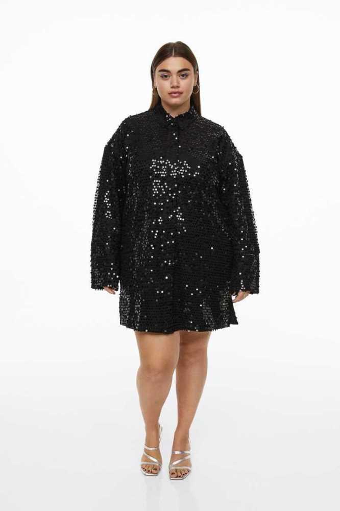 H&M Sequined Shirt Kleider Übergröße Damen Schwarz | 2193-ANSFU