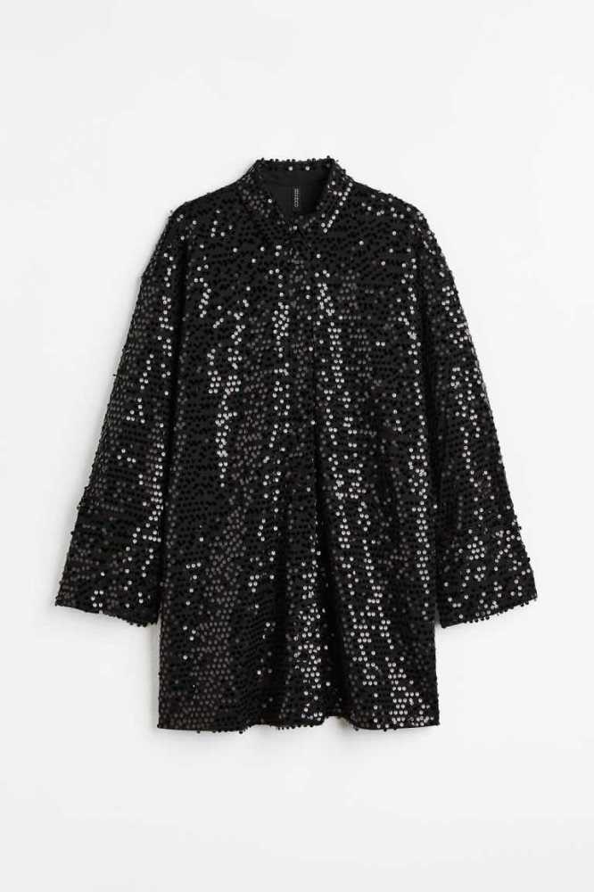 H&M Sequined Shirt Kleider Übergröße Damen Schwarz | 2193-ANSFU