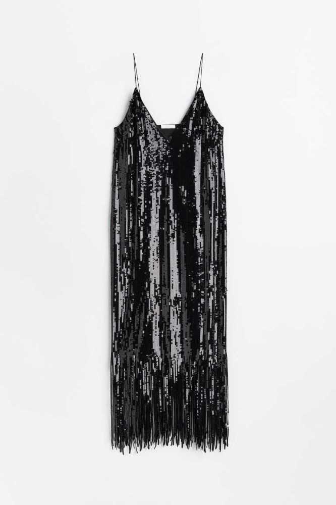 H&M Sequined Slip Kleider Damen Schwarz | 9346-MGPEU