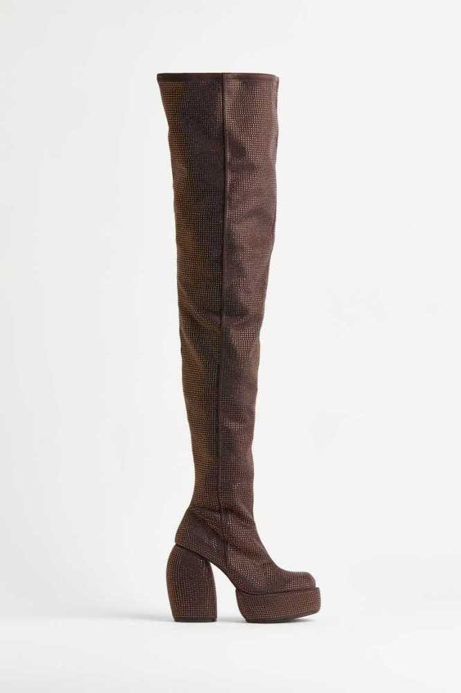 H&M Sequined Thigh-high Plattform Stiefel Damen Dunkelbraun | 2834-TJVRA