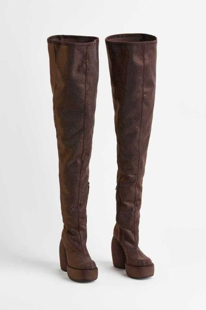 H&M Sequined Thigh-high Plattform Stiefel Damen Dunkelbraun | 2834-TJVRA