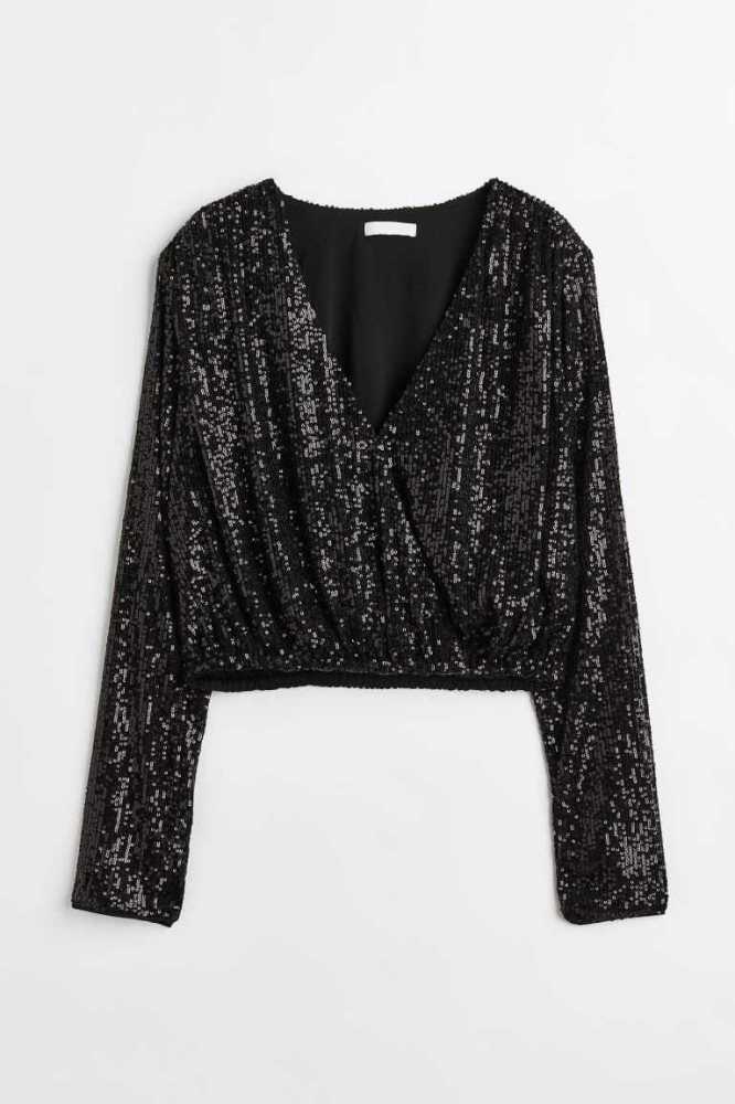 H&M Sequined Wrapover Bluse Damen Schwarz | 3945-EDNRS