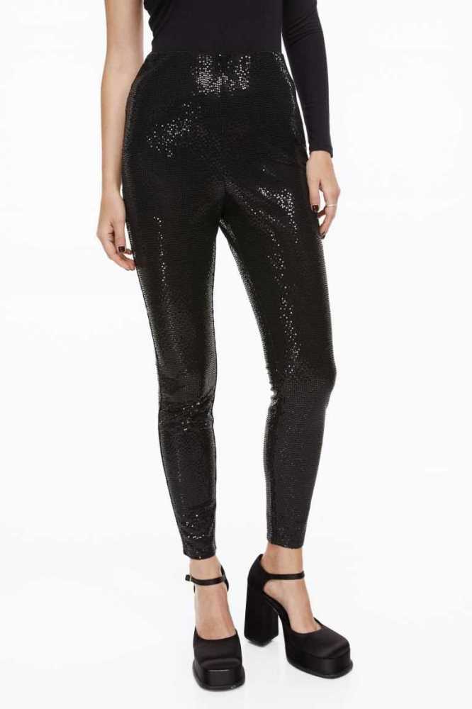 H&M Sequined leggings Hose Damen Schwarz | 2136-ICHGL