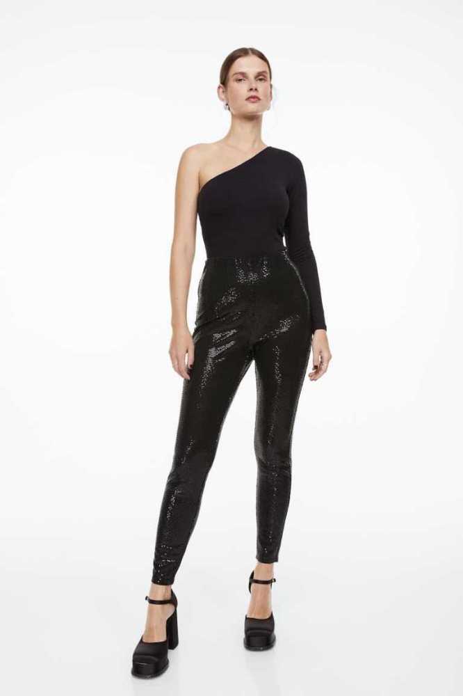 H&M Sequined leggings Hose Damen Schwarz | 2136-ICHGL