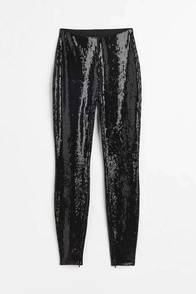 H&M Sequined leggings Hose Damen Schwarz | 6524-HVXMD