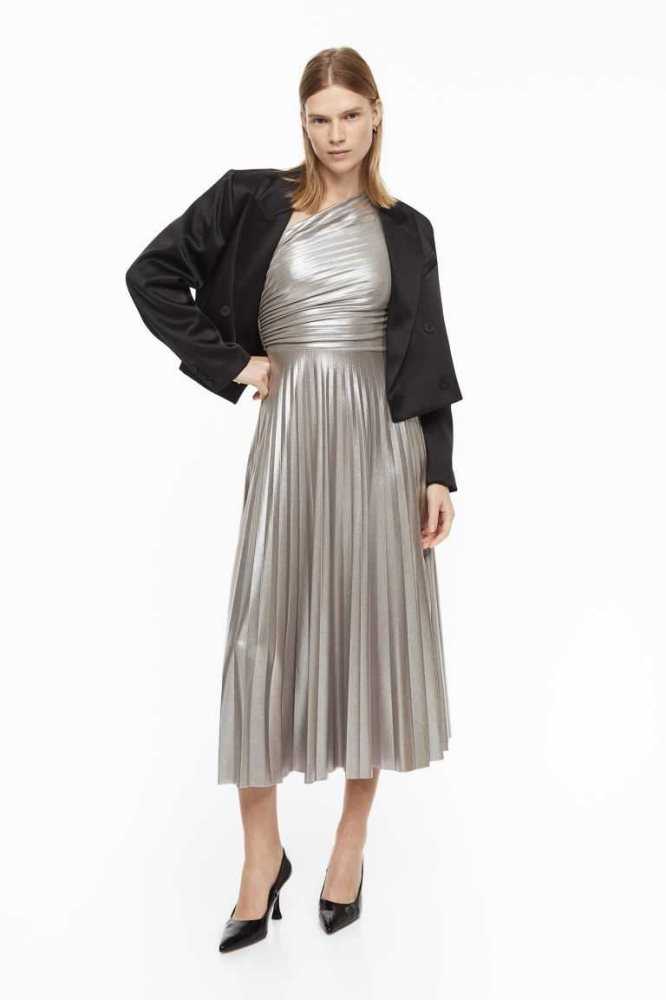 H&M Shimmery Metallic Falten Kleider Damen Silber | 4907-FIKSE