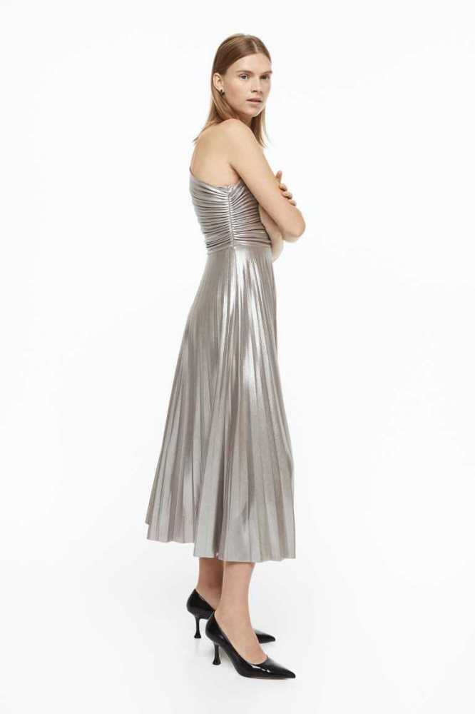 H&M Shimmery Metallic Falten Kleider Damen Silber | 4907-FIKSE
