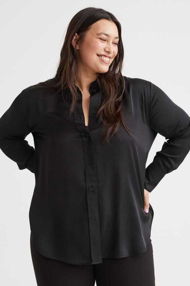 H&M Shirta Sheen Bluse Damen Schwarz | 7081-PJLNO