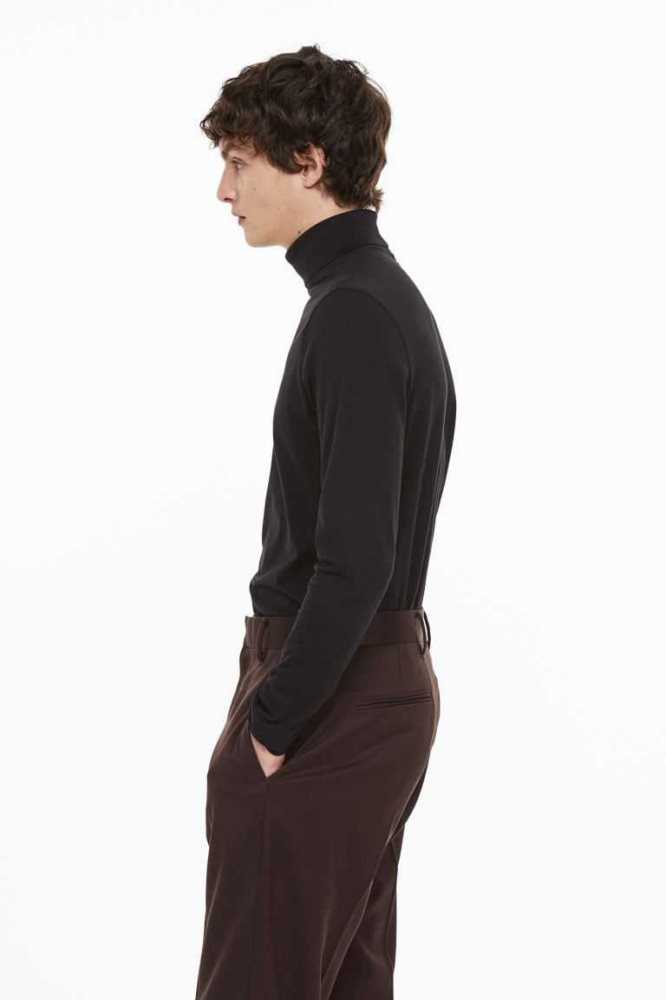 H&M Slim Fit Baumwoll Turtleneck Shirt Pullover Herren Schwarz | 6390-VZPNT