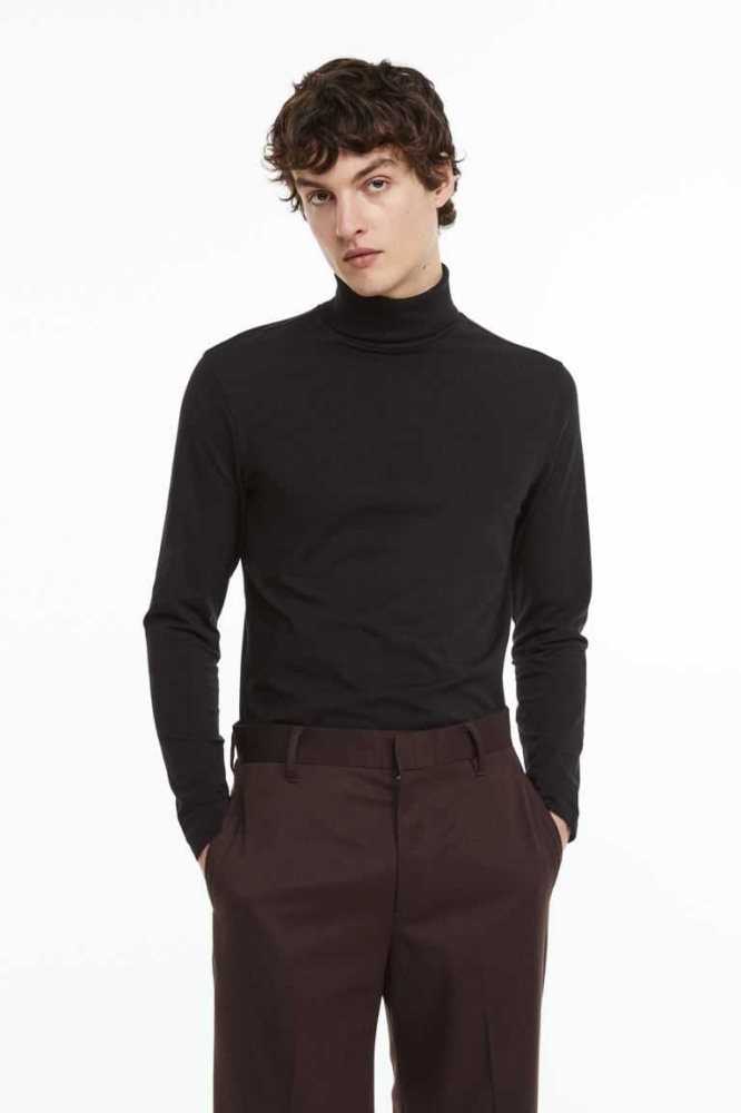 H&M Slim Fit Baumwoll Turtleneck Shirt Pullover Herren Schwarz | 6390-VZPNT