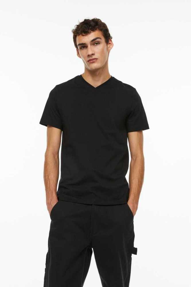 H&M Slim Fit V-neck T-shirts Herren Schwarz | 9201-XOBVH