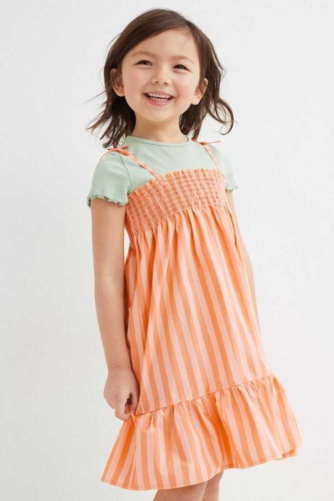 H&M Smocked Baumwoll Kurzes Kleid Kinder Hellorange | 4972-MSGXP