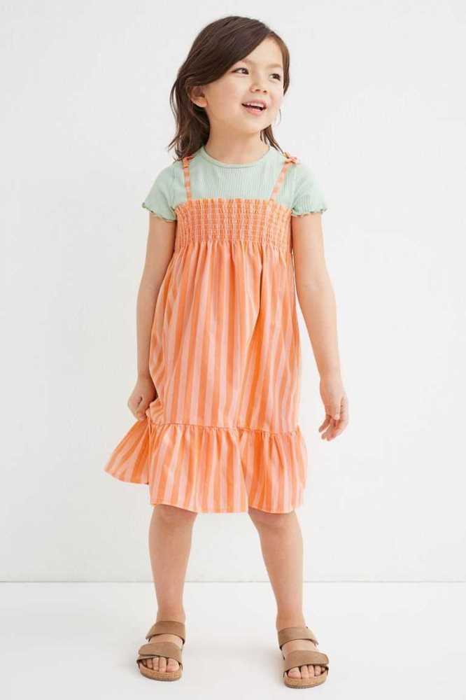 H&M Smocked Baumwoll Kurzes Kleid Kinder Hellorange | 4972-MSGXP