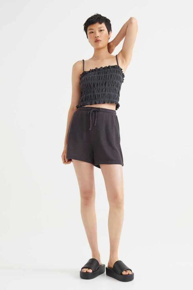 H&M Smocked Terry Oberteile Damen Schwarz | 2570-WHAPR