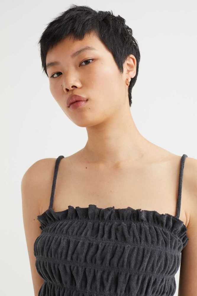 H&M Smocked Terry Oberteile Damen Schwarz | 2570-WHAPR