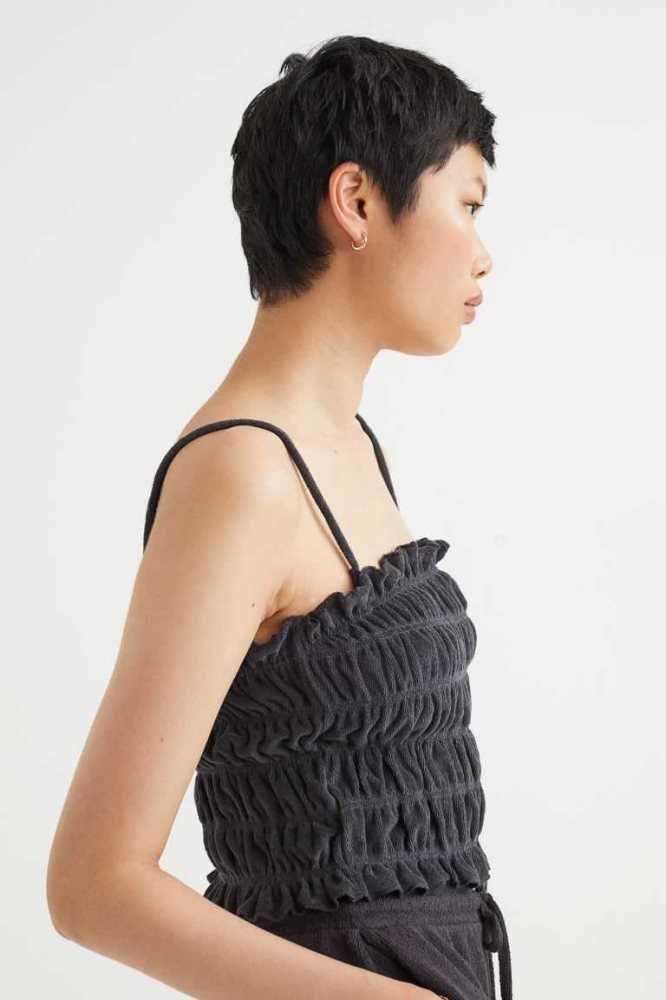 H&M Smocked Terry Oberteile Damen Schwarz | 2570-WHAPR