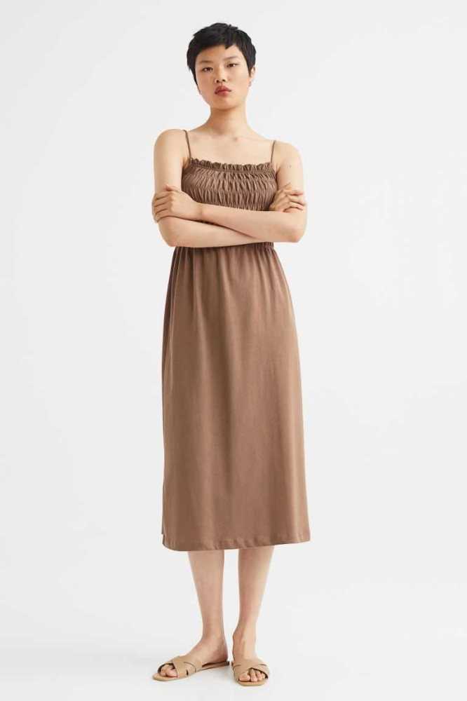 H&M Smocking-detail Kleider Damen Dunkelbeige | 0529-KJURZ