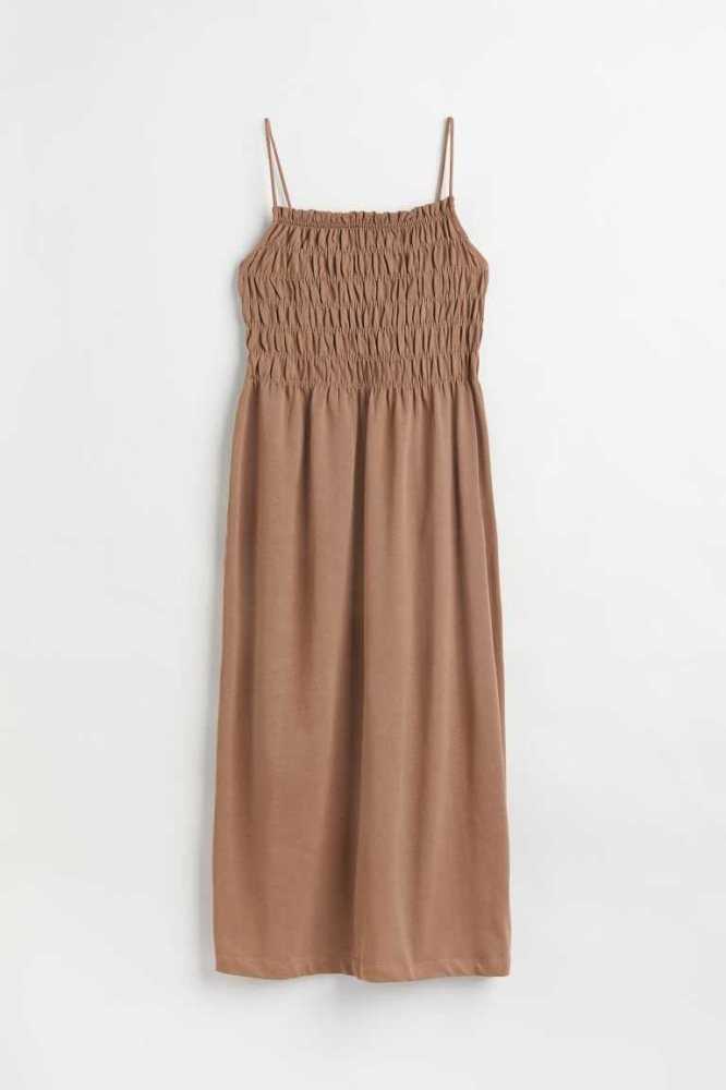 H&M Smocking-detail Kleider Damen Dunkelbeige | 0529-KJURZ