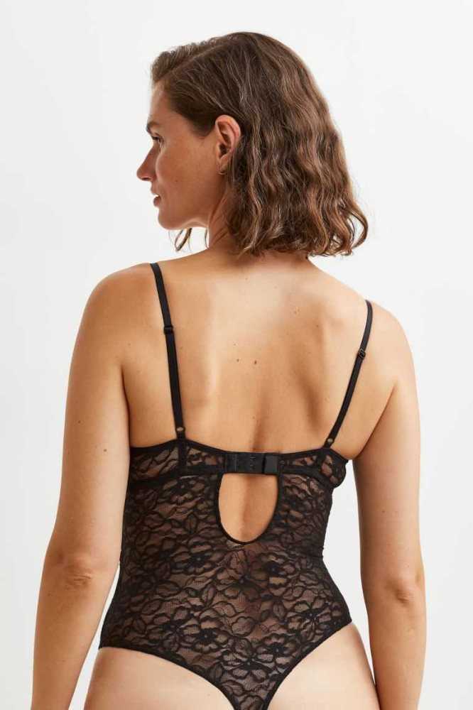 H&M Spitze Push-up Bodysuit Unterwäsche Damen Schwarz | 4915-JTOEK