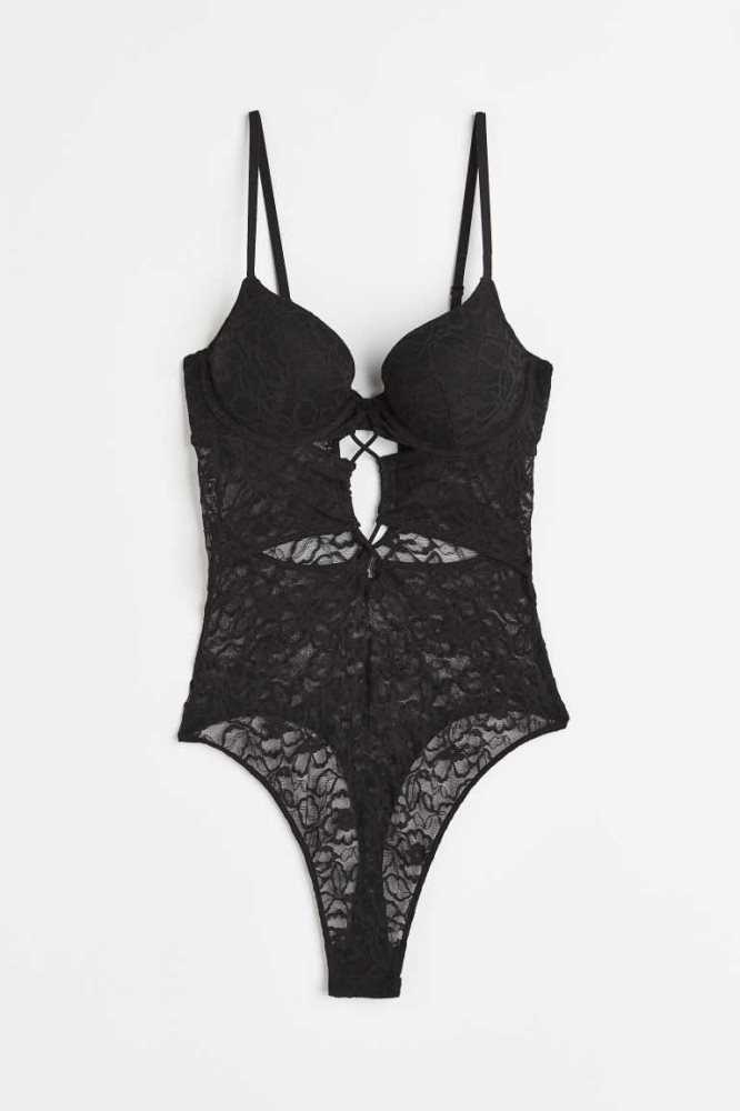 H&M Spitze Push-up Bodysuit Unterwäsche Damen Schwarz | 4915-JTOEK