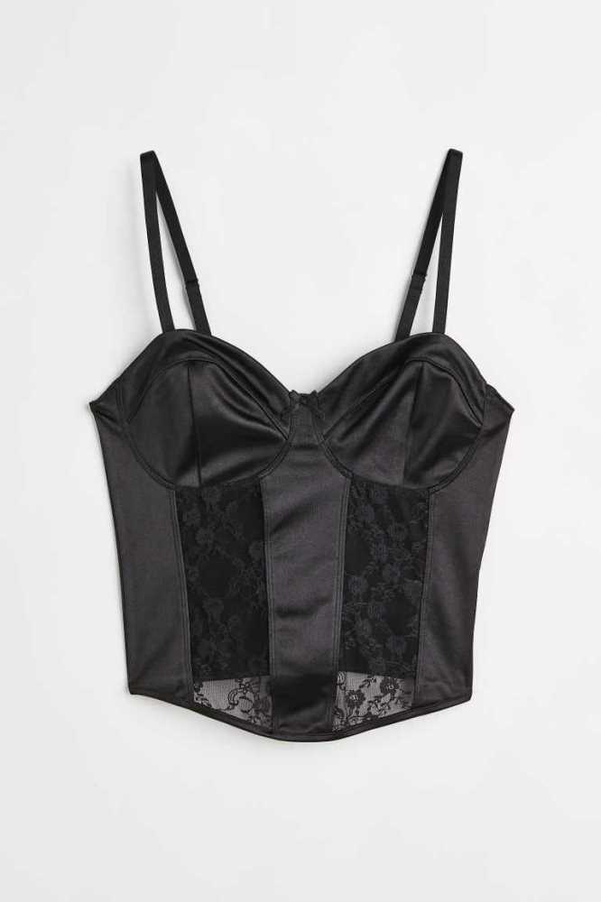 H&M Spitze-detail Satin Bustier Oberteile Damen Weiß | 6925-ITNHP