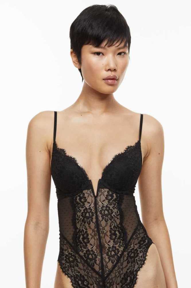 H&M Spitze super push-up body Unterwäsche Damen Schwarz | 8103-WFNVT