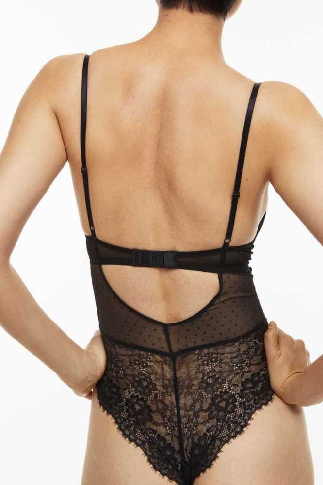 H&M Spitze super push-up body Unterwäsche Damen Schwarz | 8103-WFNVT