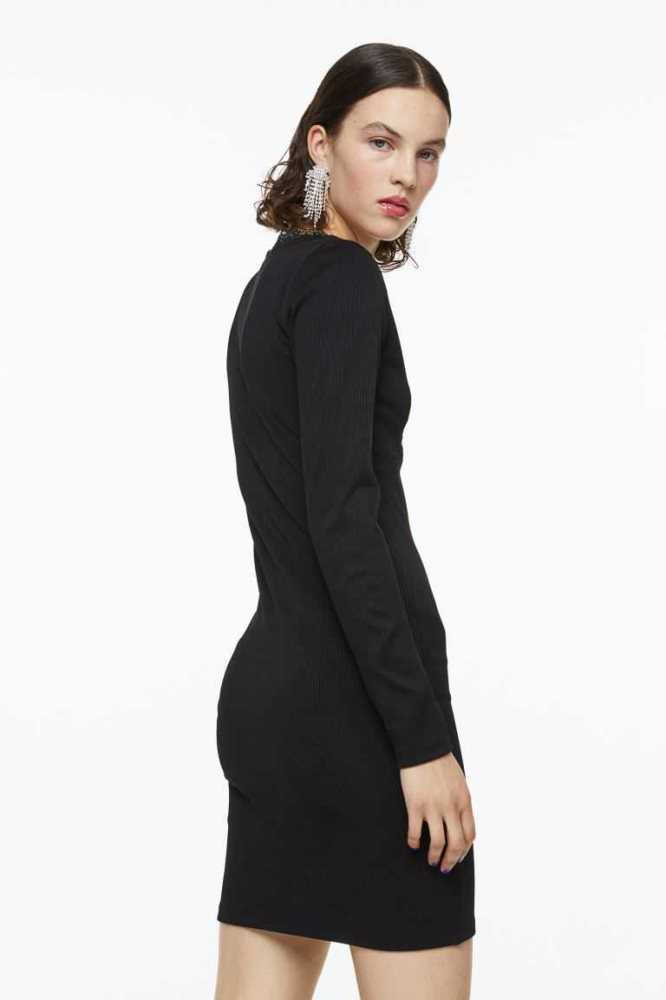 H&M Spitze-trimmed Gerippt Kleider Damen Schwarz | 6819-OEYDX