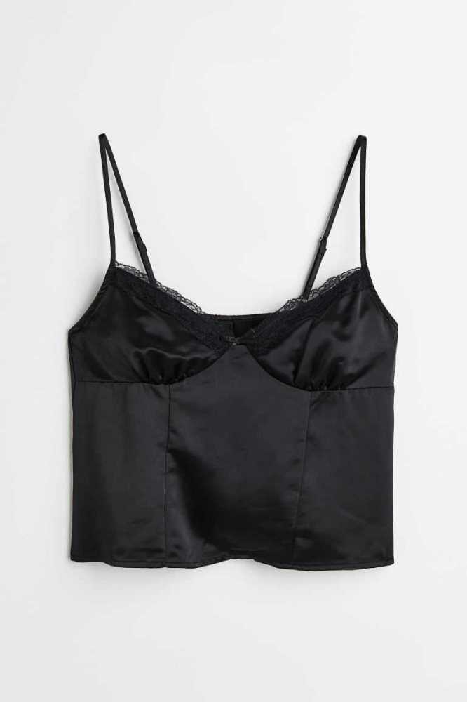 H&M Spitze-trimmed Satin Oberteile Damen Schwarz | 7980-HUWGJ