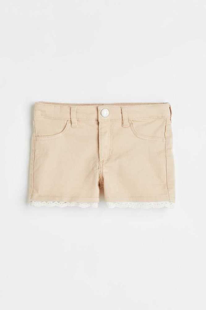 H&M Spitze-trimmed Twill Kurze Hose Kinder Hellbeige | 1045-BFNJH