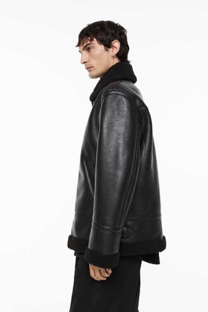 H&M Teddy-lined Jacke Herren Schwarz | 6710-RAOQF