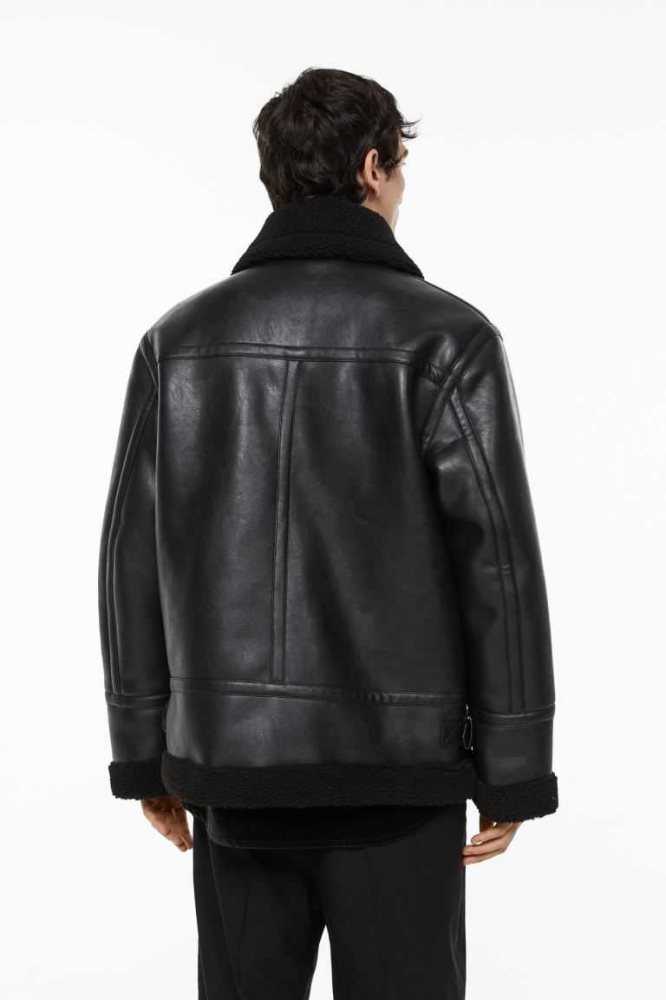 H&M Teddy-lined Jacke Herren Schwarz | 6710-RAOQF