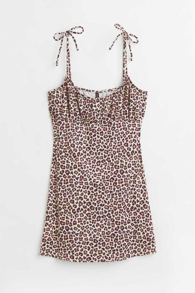 H&M Tie-detail Kleider Damen Beige Leopard | 0732-ZMBUY