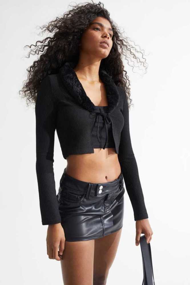 H&M Tie-front Crop Cardigan Pullover Damen Schwarz | 6540-GELCS