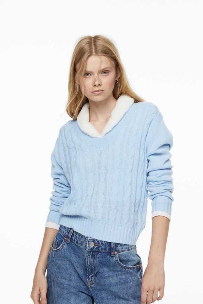 H&M V-neck Cable-knit Pullover Damen Hellblau | 1608-QDTWK