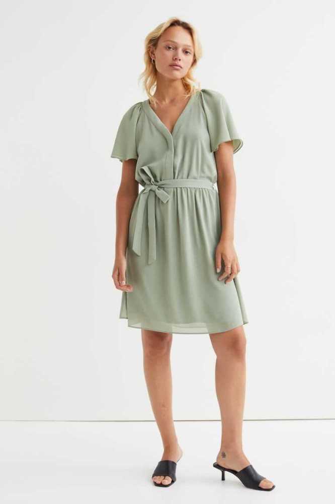 H&M V-neck Chiffon Kleider Damen Hellgrau | 7641-ALGIM