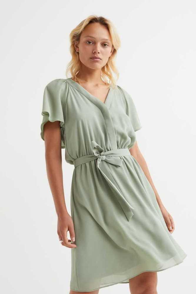 H&M V-neck Chiffon Kleider Damen Hellgrau | 7641-ALGIM