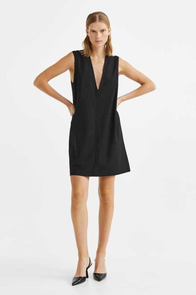 H&M V-neck Kleider Damen Schwarz | 2416-TUYRI