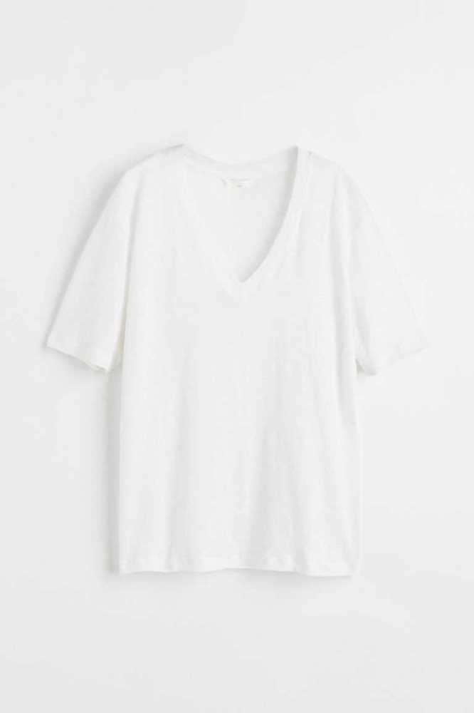 H&M V-neck Linen Jersey T-shirt Oberteile Damen Weiß | 4807-NZWAS