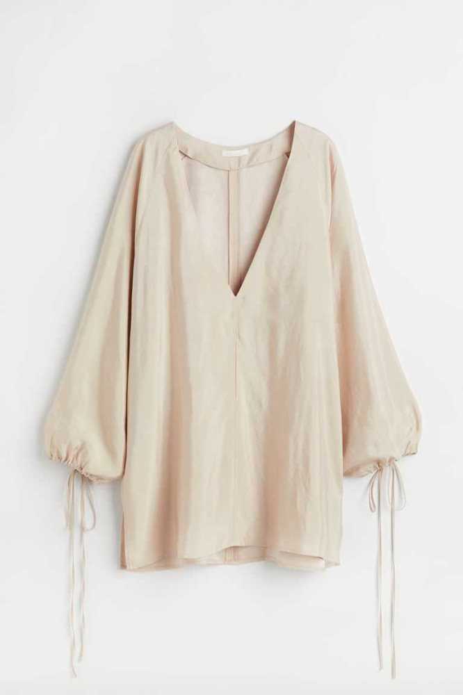 H&M V-neck Satin Bluse Damen Hellbeige | 8632-DOGIX