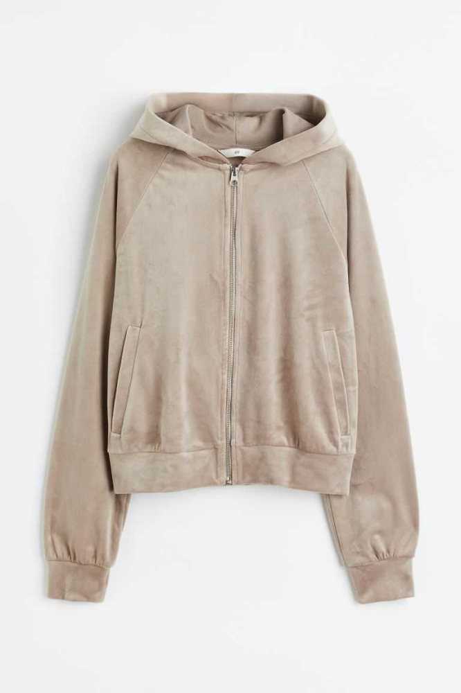 H&M Velour Mit Kapuze Jacket Hoodie Damen Grau Braun | 2405-RXOQK