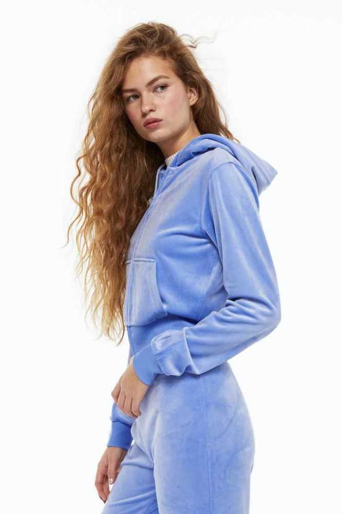 H&M Velour Mit Kapuze Jacket Hoodie Damen Hellblau | 5710-ZDGVJ