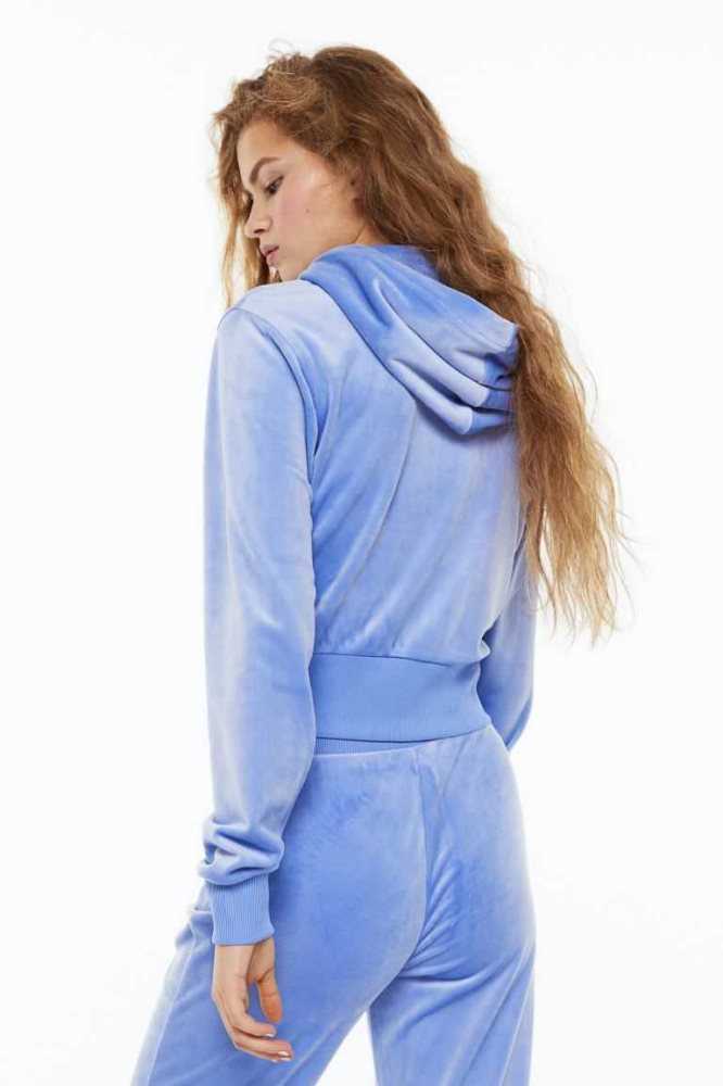 H&M Velour Mit Kapuze Jacket Hoodie Damen Hellblau | 5710-ZDGVJ