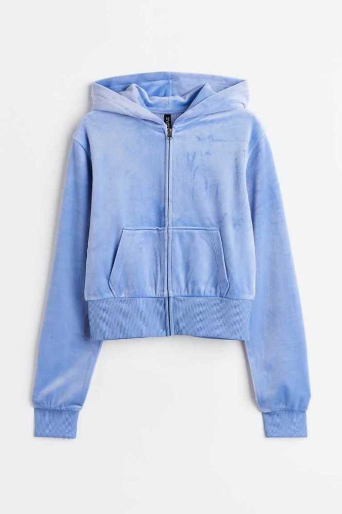 H&M Velour Mit Kapuze Jacket Hoodie Damen Hellblau | 5710-ZDGVJ